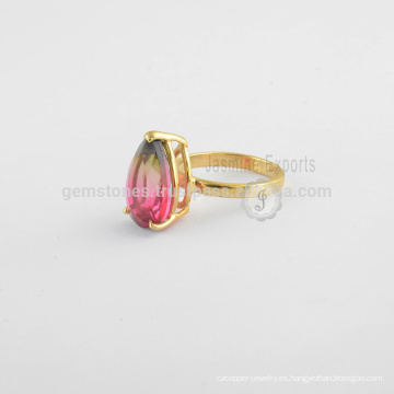 El mejor anillo de la plata esterlina de la calidad 925, oro plateó la joyería de los anillos de la piedra preciosa del cuarzo del doblet del Tourmaline Bi